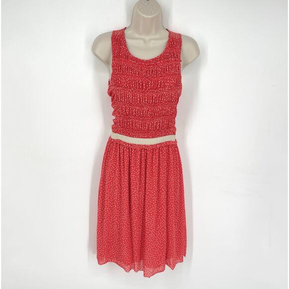 Anthropologie 9 H15 STCL Postmark Polka Dot Dress Sz XS Coral Red Ruched Lined - Picture 1 of 10